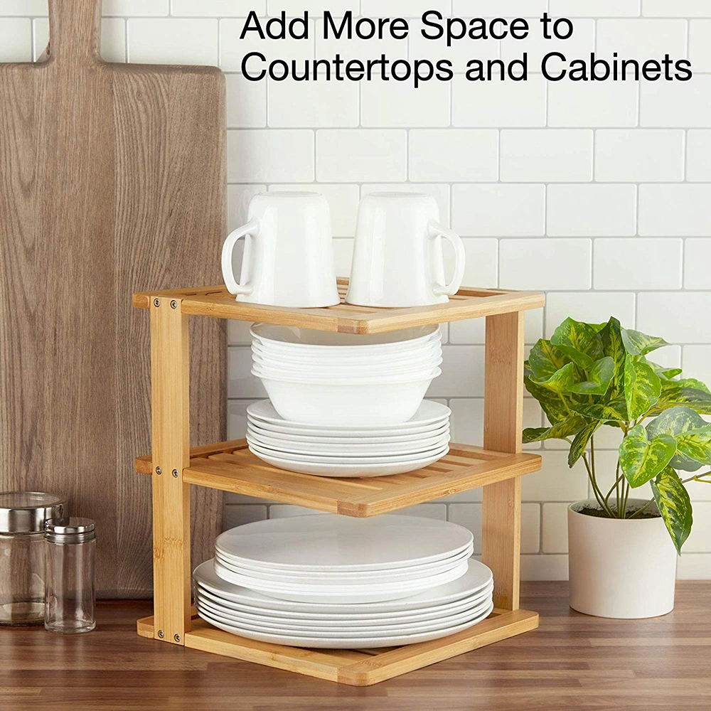 Bamboo Corner Shelf - 3 Tier Kitchen Cabinet Organizer